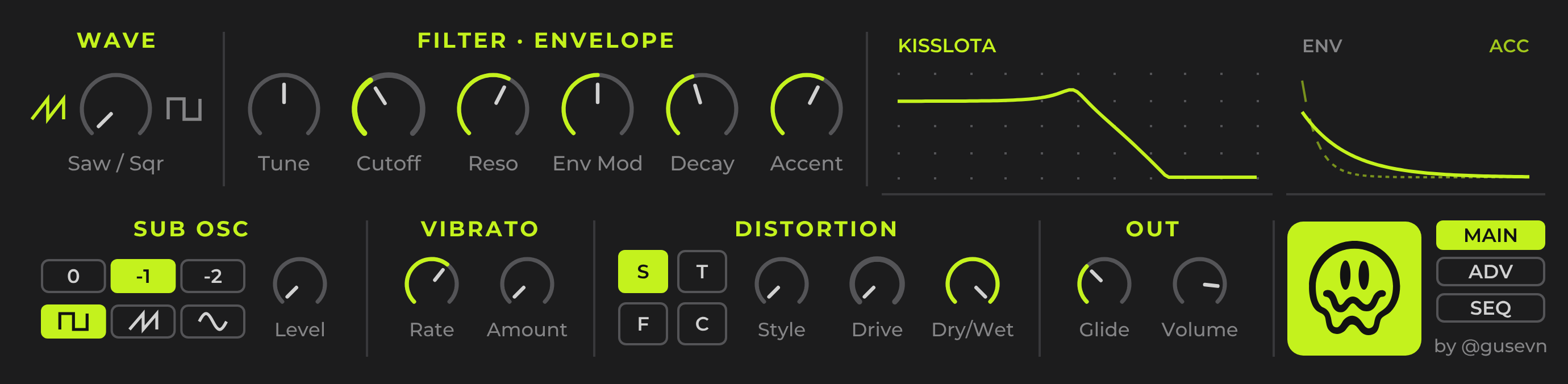 KISSLOTA main panel: wave, filter and envelope, sub oscillator, vibrato, distortion and output