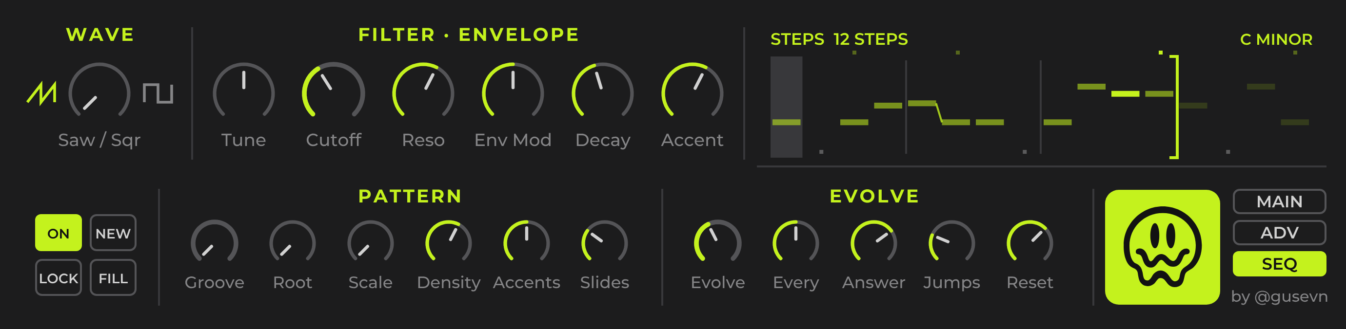 KISSLOTA sequencer page with pattern and evolve controls